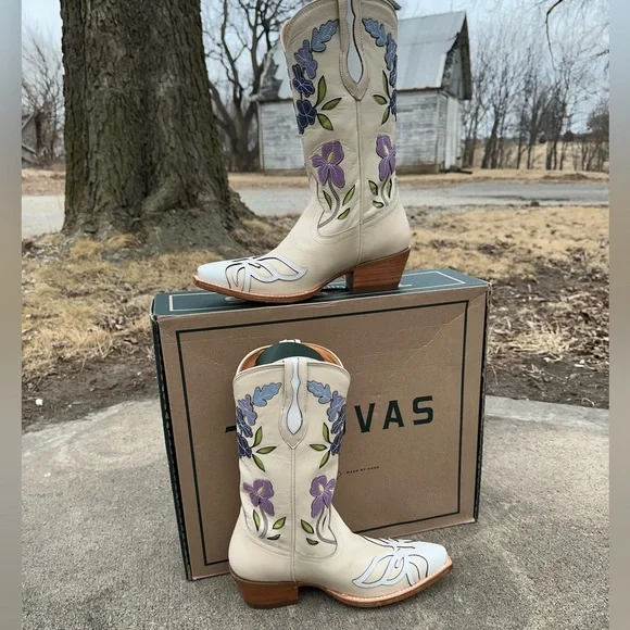 Tecovas The Sadie Meadow Bone Cowboy Boots Size 9 Floral Cream Western Bride - Picture 4 of 15